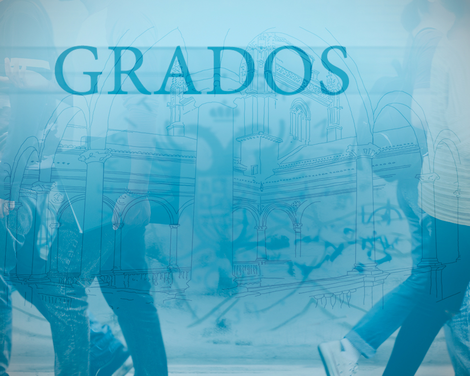 Portada de los grados de la Universidad de Granada con el logo de la insititución y dos personas caminando de fondo